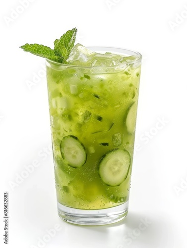 Cucumber mint smoothie in tall glass, fresh mint garnish, cooling summer beverage, isolated on white background