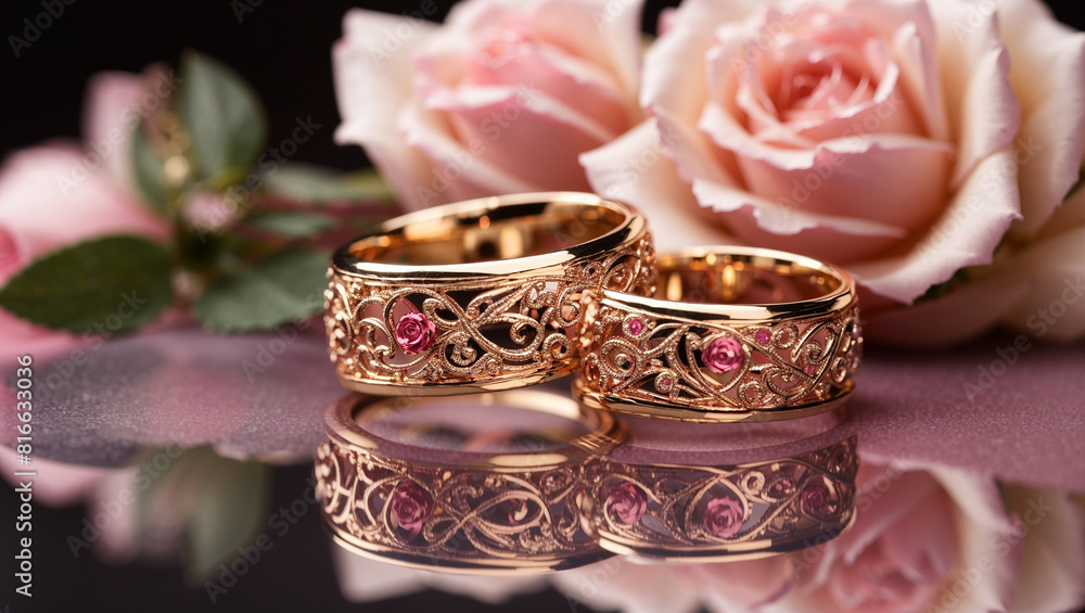 Wedding Rings Rose Pattern Two gold wedding rings with a rose gold floral pattern are displayed on ...