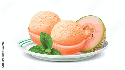 Plate with tasty melon sorbet on white background Vector