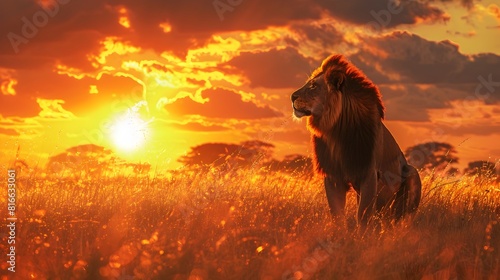 Majestic Lion Silhouetted Against Vibrant Sunset in Serene Savanna Landscape