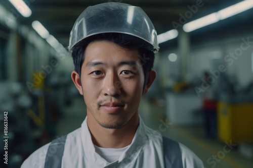 young industrial japanese man engineer with protective wear looking at camera in metal workshop