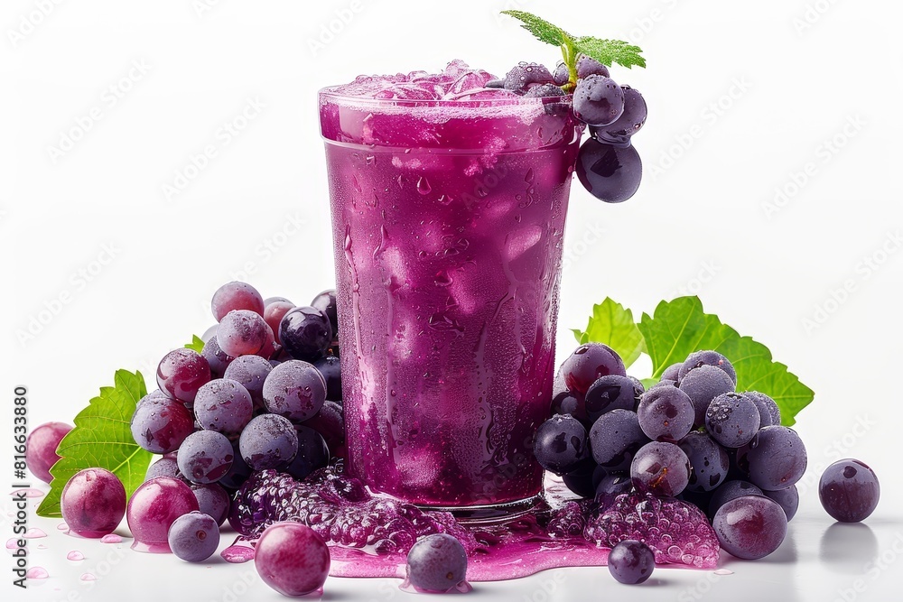 Grape juice in a tall glass, garnished with vine, rich and purple, isolated on a white background Grape juice in a tall glass, garnished with vine, rich and purple, isolated on a white background