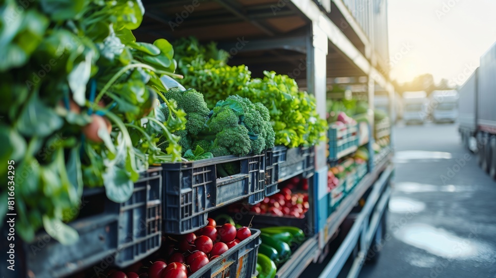 Close-up of a logistics truck filled with organic vegetables ready for export