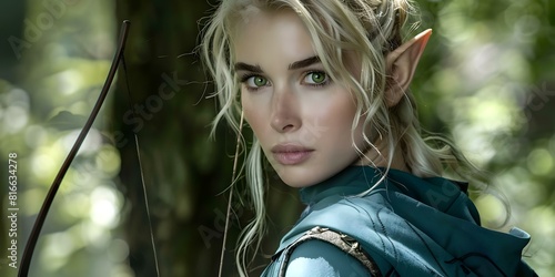 Blonde-haired Elven archer with green eyes in a forest landscape. Concept Fantasy Character, Nature Photography, Cosplay Portrait, Elven Archer, Forest scenery photo