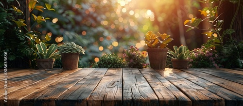 a table made of wooden grain and a view of plants by the trees photo