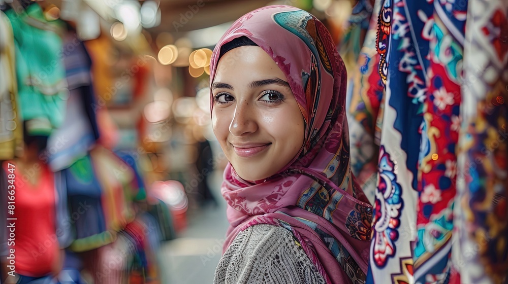 Smiling Muslim woman shopping at a vibrant Middle Eastern market. Joyful Arab woman enjoying her shopping experience in a bazaar. Smiling Muslim woman shopping at a vibrant Middle Eastern market. Joyful Arab woman enjoying her shopping experience in a bazaar.