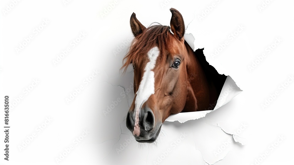 Playful horse peeking through ripped paper, curious horse observation. Torn paper texture, ripped paper effect, white background for customization. Playful horse peeking through ripped paper, curious horse observation. Torn paper texture, ripped paper effect, white background for customization.