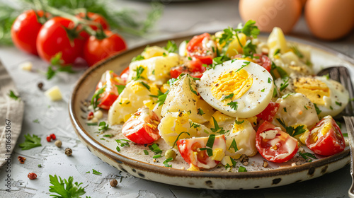 Plate of tasty potato salad with eggs and tomatoes on