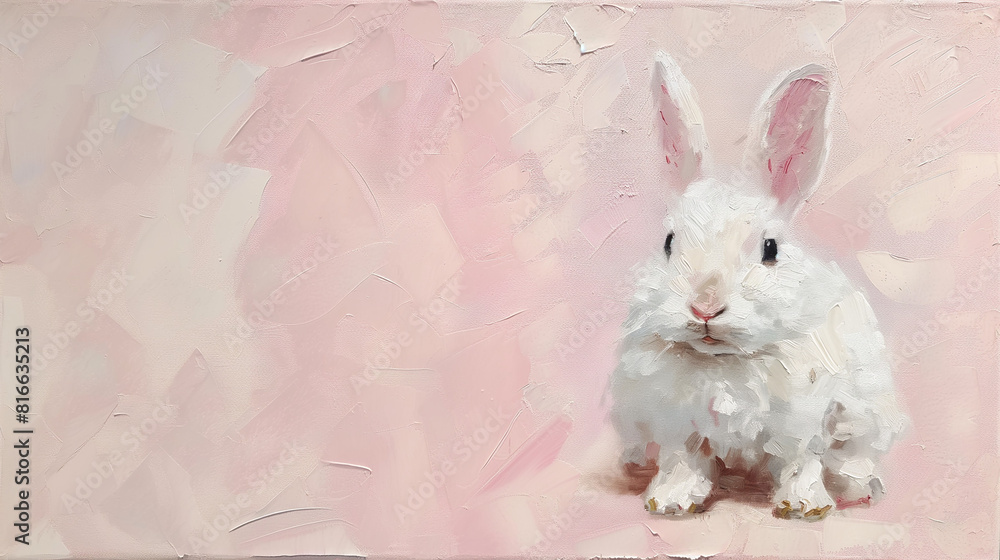 Obraz premium White rabbit soft pink background - oil painting with copy space