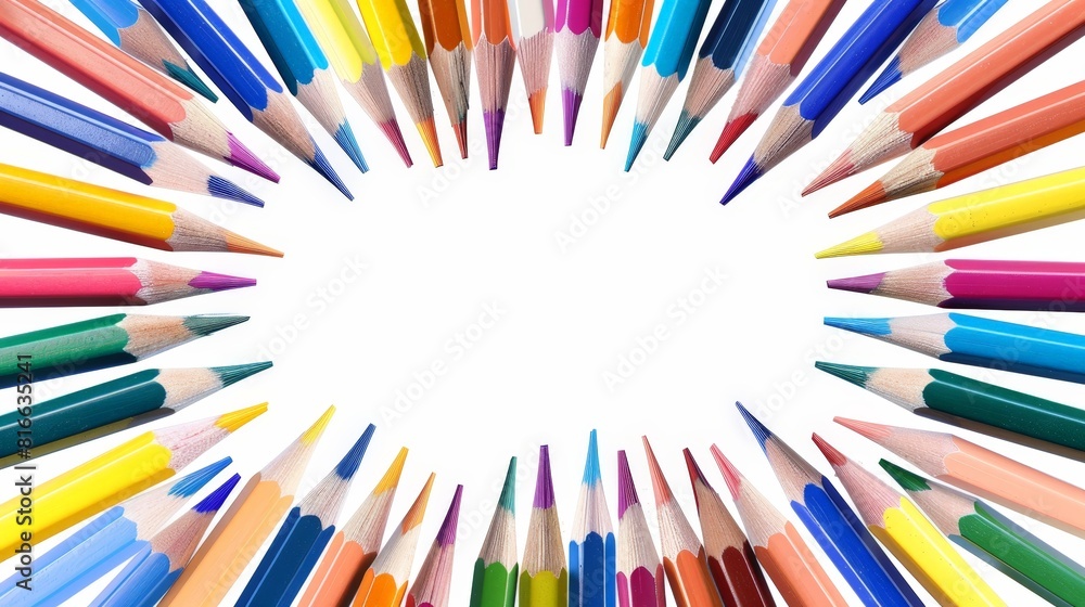 Colored pencils along the edges of the frame on a completely white background, half-empty frame, high quality, hyper-detailed, hyper-realistic, 8K Colored pencils along the edges of the frame on a completely white background, half-empty frame, high quality, hyper-detailed, hyper-realistic, 8K