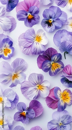 Bouquet of vibrant pansy flowers in full bloom against a clean white background, wallpaper, summer mood