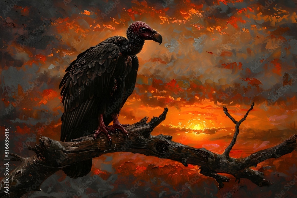 Fototapeta premium Majestic Vulture Perched Amid Dramatic Sunset Landscape in Oil Painting Style