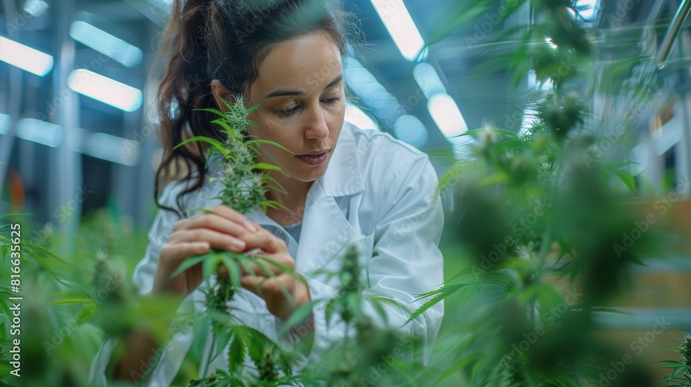 Obraz premium Close-up of a woman in a white lab coat adjusting the leaves of a hemp plant, with a high-tech greenhouse and irrigation systems visible behind her