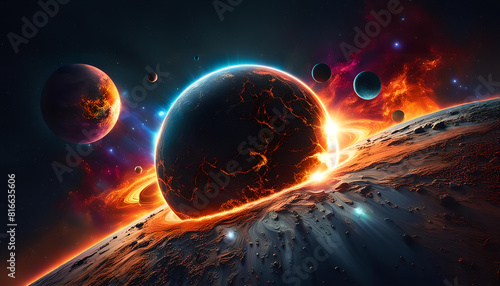 Himmelskörper Mond oder Asteroid schlägt mit Feuer Flammen Explosion in einen fernen Planeten ein und verursacht apokalyptische Zerstörungen, dunkler Kosmos Universum Hintergrund Vorlage Gestirn photo