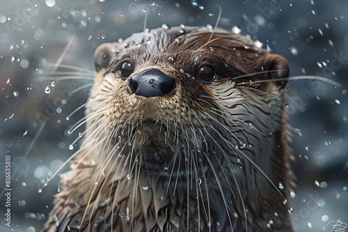 Captivating Otter Portrait in Vibrant Wetlands Scene with Intricate Fur Details and Glistening Water Droplets