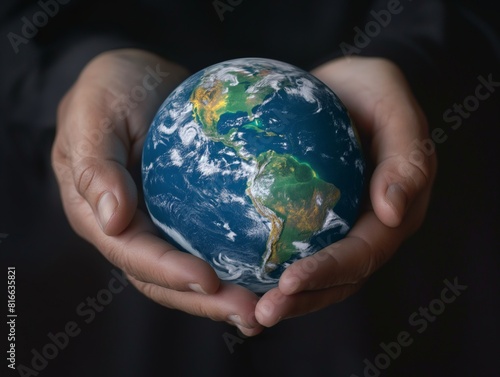 Close-up of hands gently holding a small Earth globe  symbolizing global care  environmental protection  and sustainability