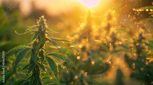 Close-up of cannabis buds glistening with trichomes in a sunlit field