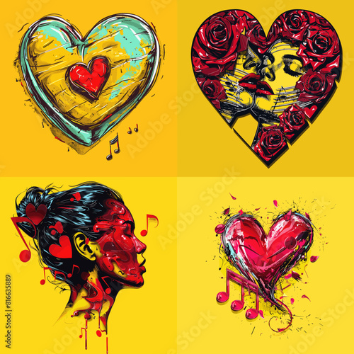 Expressive digital illustration featuring artistic heart designs and a woman's portrait with musical and romantic themes on a vibrant yellow background, blending love and creativity.