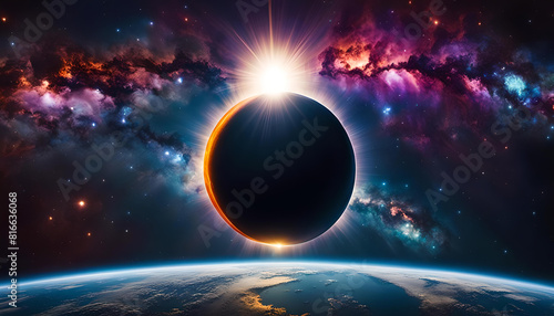 Eklipse der Sonne um Mond mit leuchtenden Strukturen im dunklen Universum Weltall All voller bunter Galaxien, Sterne, Planeten als fantasievolle Vorlage Hintergrund, Solar Ereignisse, Mondfinsternis photo