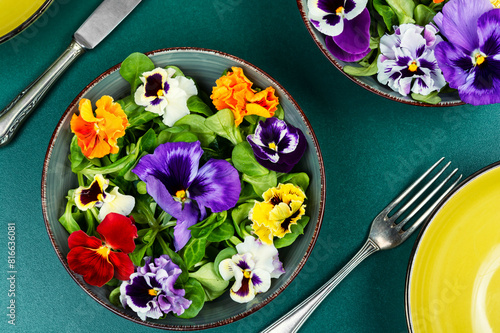 Salad of edible flowers, vegetarian food.