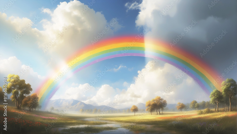 Rainbow over the field in the foggy morning with clouds Rainbow over the field in the foggy morning with clouds