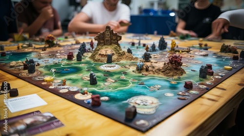 People playing a fantasy board game with a lot of pieces and a big map. photo
