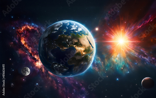 Eklipse der Sonne um die Erde leuchtend vor dunklen Universum mit bunten Galaxien, Planeten und Monden, Vorlage und Hintergrund zu Solar Sonnensystem Sonnenfinsternis Mondfinsternis Weltall Kosmos