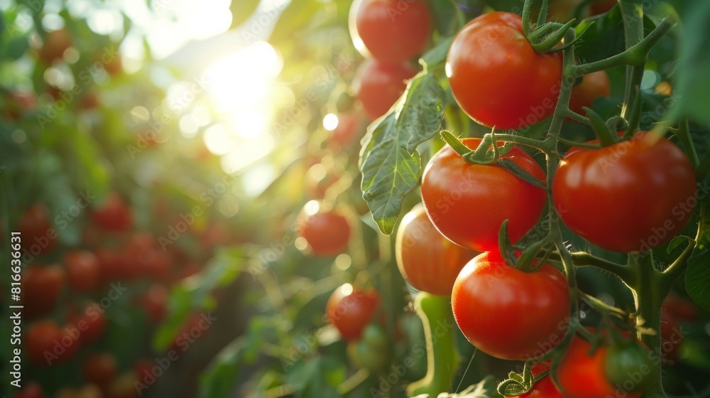Close-up of fresh, organic tomatoes growing in a greenhouse