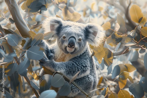 Whimsical Digital Painting of Curious Koala in Lush Eucalyptus Forest photo