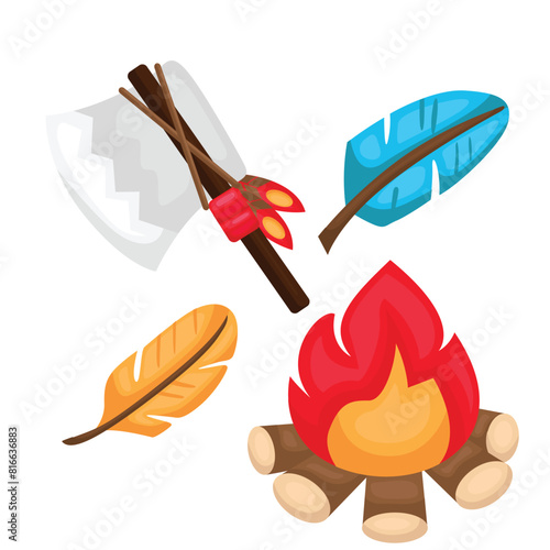 Cute Culture Native American Indian Axe Bonfire Ornaments Cartoon Illustration Vector Clipart Sticker Decoration Background