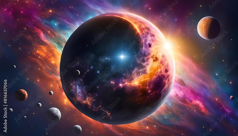 Obraz premium Planeten Monde Sonne Sterne in bunt leuchtenden Galaxien ferner Welten Weltall All Kosmos, Phänomene des Universum, kosmische Stürme, Flammen Feuer und Energie unendlicher Weiten, Hintergrund Vorlage