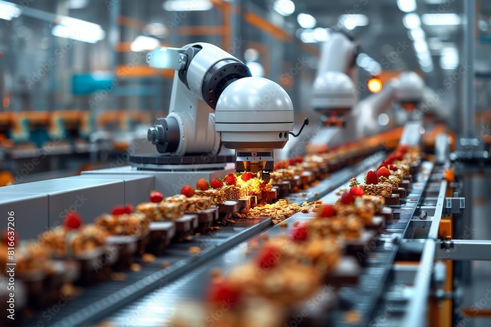 Obraz premium Robotic arm in the production of sweets and cookies, confectionery factory, linear conveyor, selective focus.