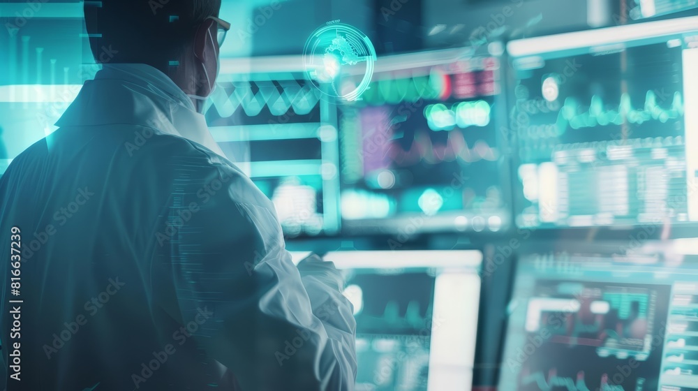 Closeup half body of a hospital administrator with Glow HUD big icon of mortality rates Closeup half body of a hospital administrator with Glow HUD big icon of mortality rates