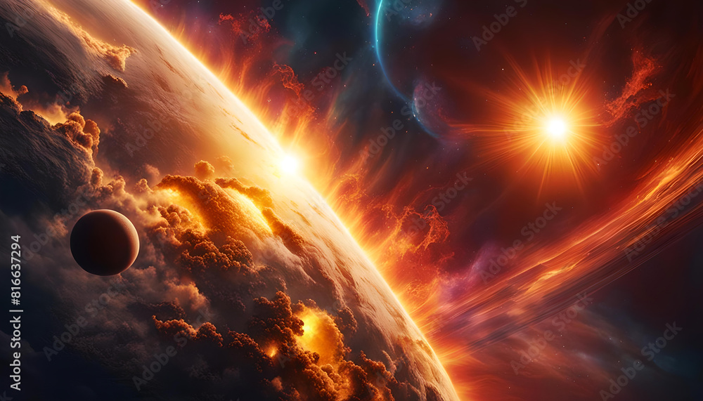 Sonnensturm kosmisches Feuer einer Sonne überzieht einen fernen Planeten im Weltall All Kosmos, kosmische Ereignisse in orange gelb strahlend als Hintergrund und Vorlage 
