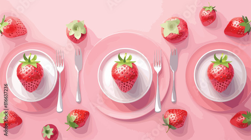 Fototapeta Naklejka Na Ścianę i Meble -  Plates with cups forks and fresh strawberry on pink background