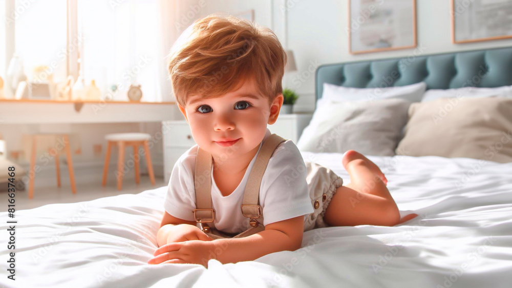 Baby boy in white sunny bedroom. One years child relaxing in bed