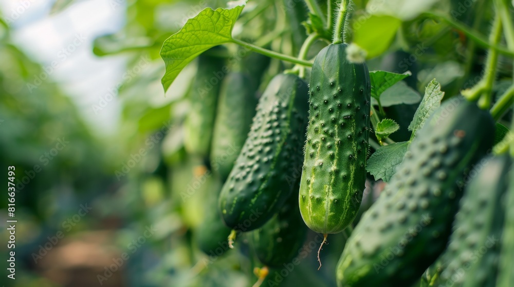 Close-up of organic cucumbers growing in a closed system farm Close-up of organic cucumbers growing in a closed system farm