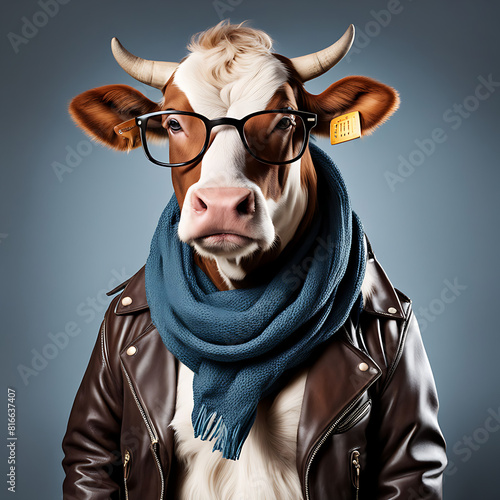 cow with glasses and scarf around its neck wearing leather jacket 