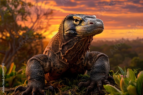 Majestic Komodo Dragon Captivates in Lush Tropical Sunset Landscape photo