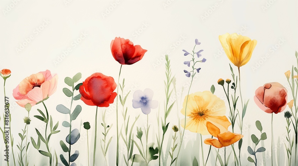 Fototapeta premium Wildflowers watercolor hand painting style on white canvas