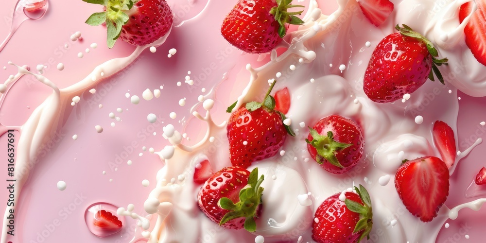 creative food concept with strawberries splashing into milk creative food concept with strawberries splashing into milk