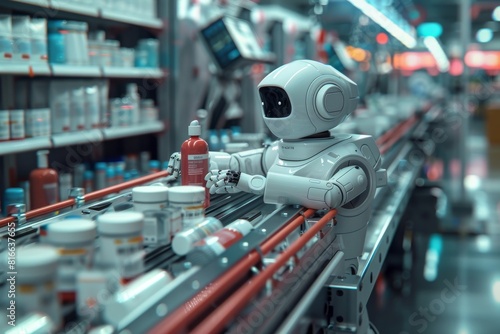 AI robot packs cosmetics on the conveyor of a skincare cosmetics production line at a factory, selective focus.