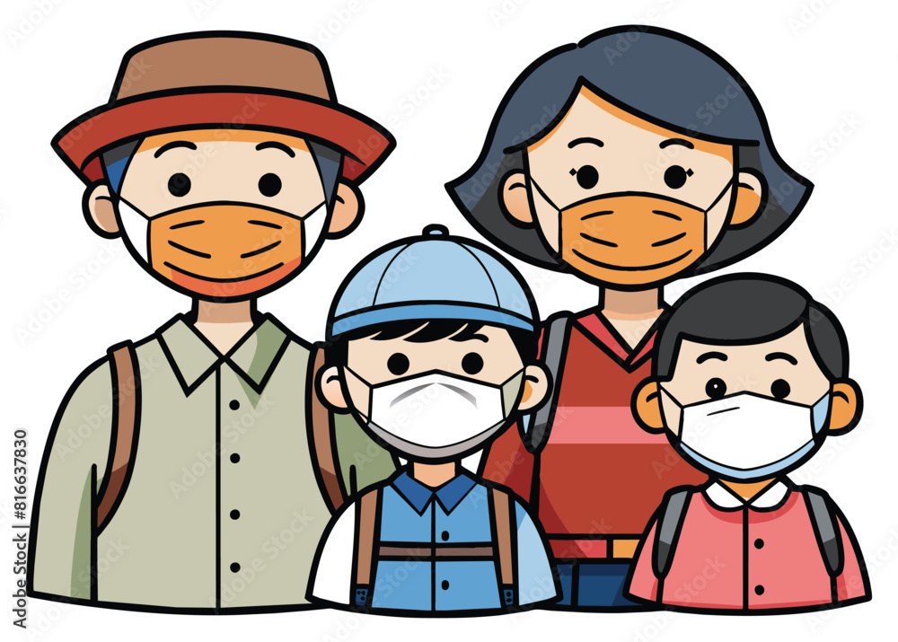 Family mask traval at the airport. Happy family tourist group. Parents and children While traveling Family mask traval at the airport. Happy family tourist group. Parents and children While traveling