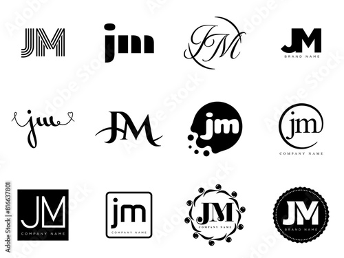 JM logo company template. Letter j and m logotype. Set different classic serif lettering and modern bold text with design elements. Initial font typography.