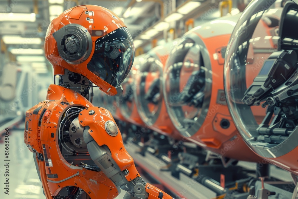 Selective focus of robot at airplane and helicopter manufacturing plant Selective focus of robot at airplane and helicopter manufacturing plant