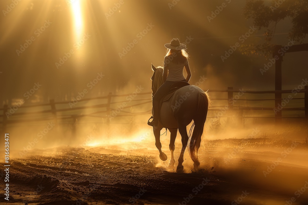 Obraz premium A person riding a horse in a dusty corral.