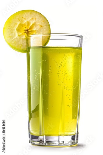 Vibrant green apple juice, tall glass with apple slice garnish, on white background - a refreshing sight!
