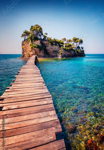 Bright spring view of the Cameo Island. Picturesque morning scene on the Port Sostis, Zakinthos island, Greece, Europe. Beauty of nature concept background. photo