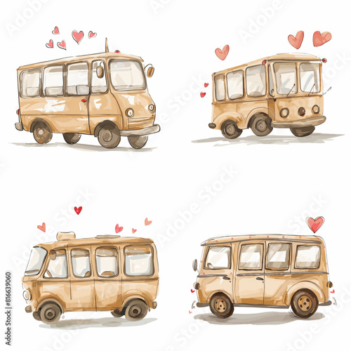 A collection of cartoon illustrations of vintage white buses