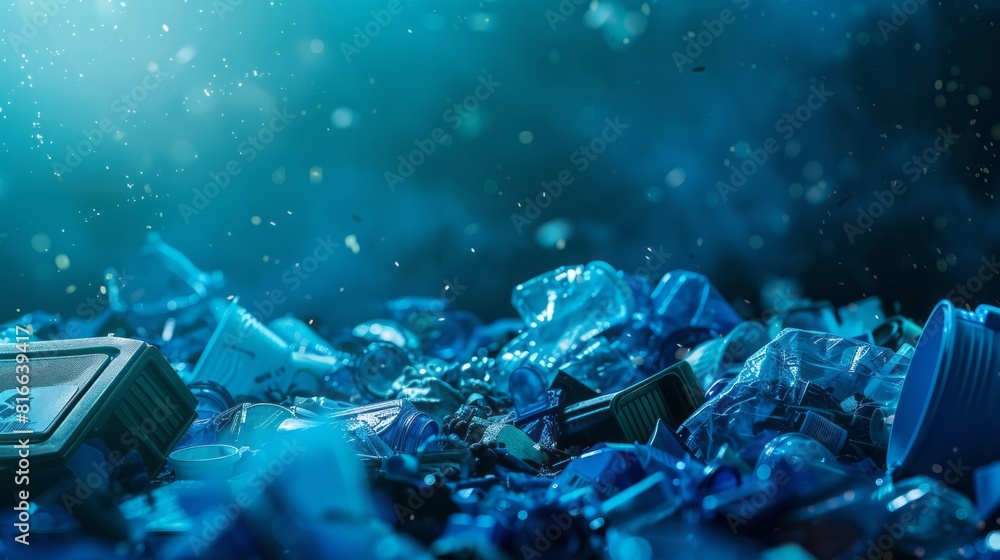 Plastic bottles trash on the background top view in blue color. The problem of ecology, waste recycling, waste disposal, reusable use, recyclables use, consumer culture. Plastic bottles trash on the background top view in blue color. The problem of ecology, waste recycling, waste disposal, reusable use, recyclables use, consumer culture.
